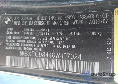 2008 BMW X3 3.0Si from USA, damaged, VIN WBXPC93448WJ07024